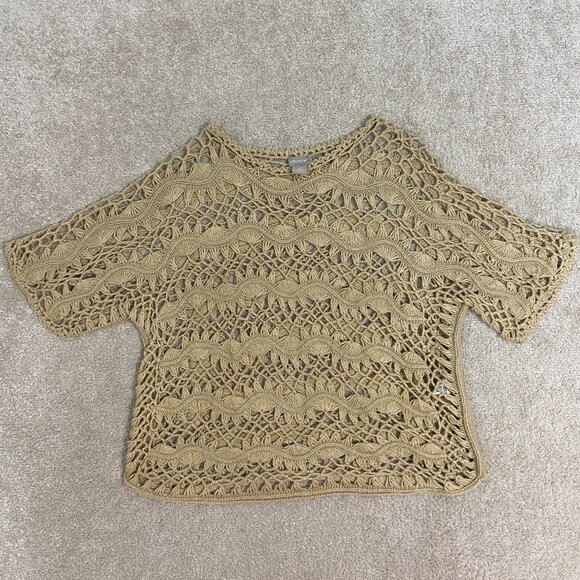 CHICO'S Beige Tan‎ Loose Knit Short Sleeve Boho Cottagecore Sweater Top Shirt 3P - Picture 4 of 7